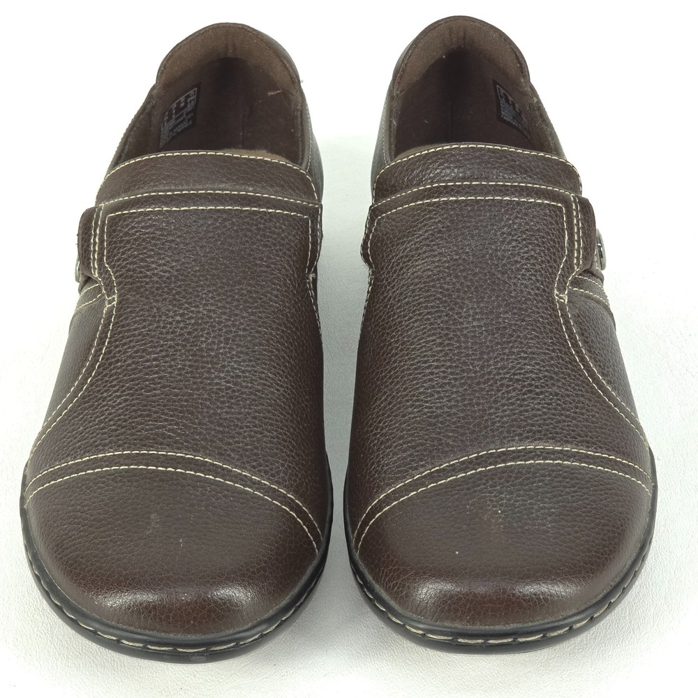 Clarks Collection Cora Poppy Leather Slip-On Shoes 8W Dark Brown Tumbled Comfort - Picture 2 of 10